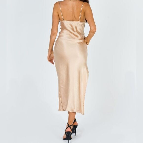 Princess Polly‎ Champagne Zamora Asymmetrical Cowl Satin Midi Dress 10US - Picture 8 of 15